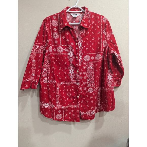 Women's red bandana print 3/4 length sleeve collared shirt by Alia size 18W - Picture 1 of 8